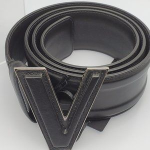 VERSACE Black Leather Belt Raised Silver Sig  "V"